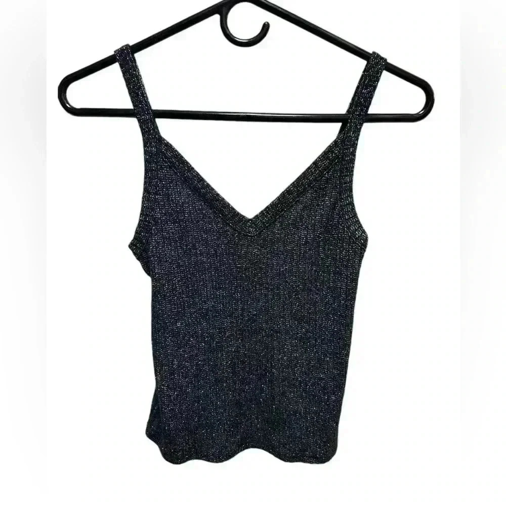 AMERICAN EAGLE STRETCHY BLACK AND SILVER SPARKLE TANK TOP